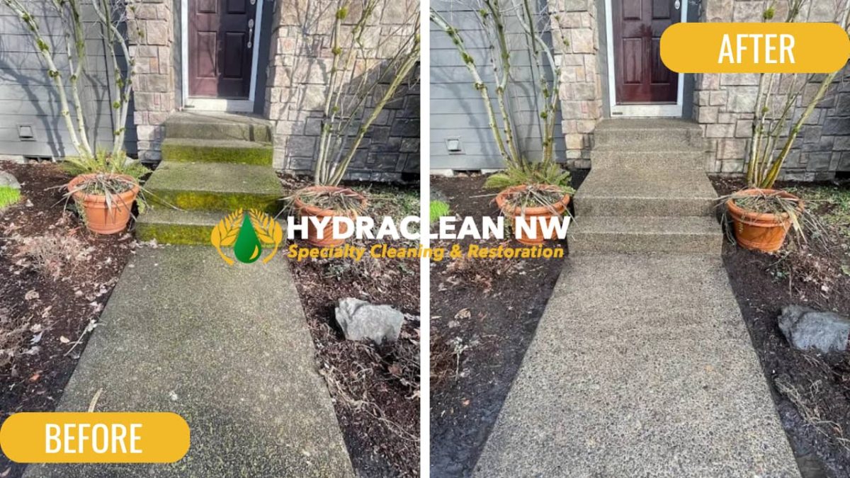 Pressure washing concrete before and after.
