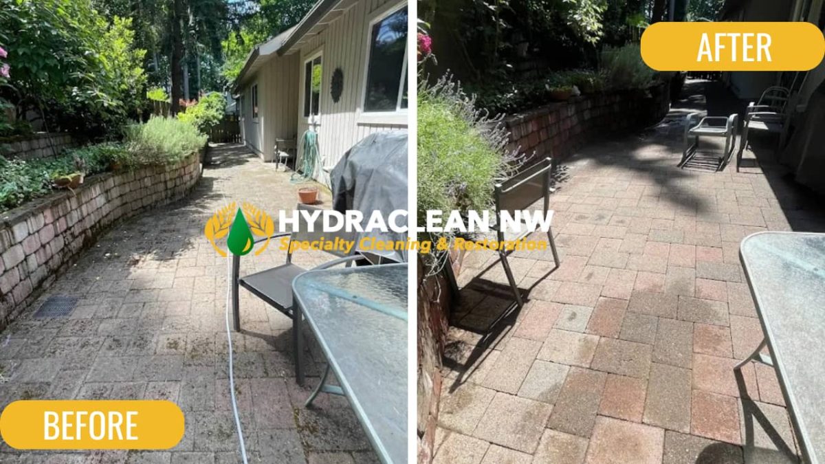 Pressure washing patio before and after.