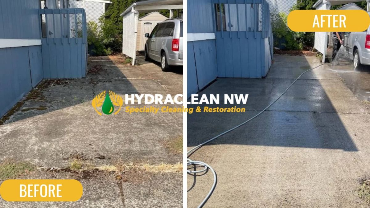 Pressure washing driveway before and after.