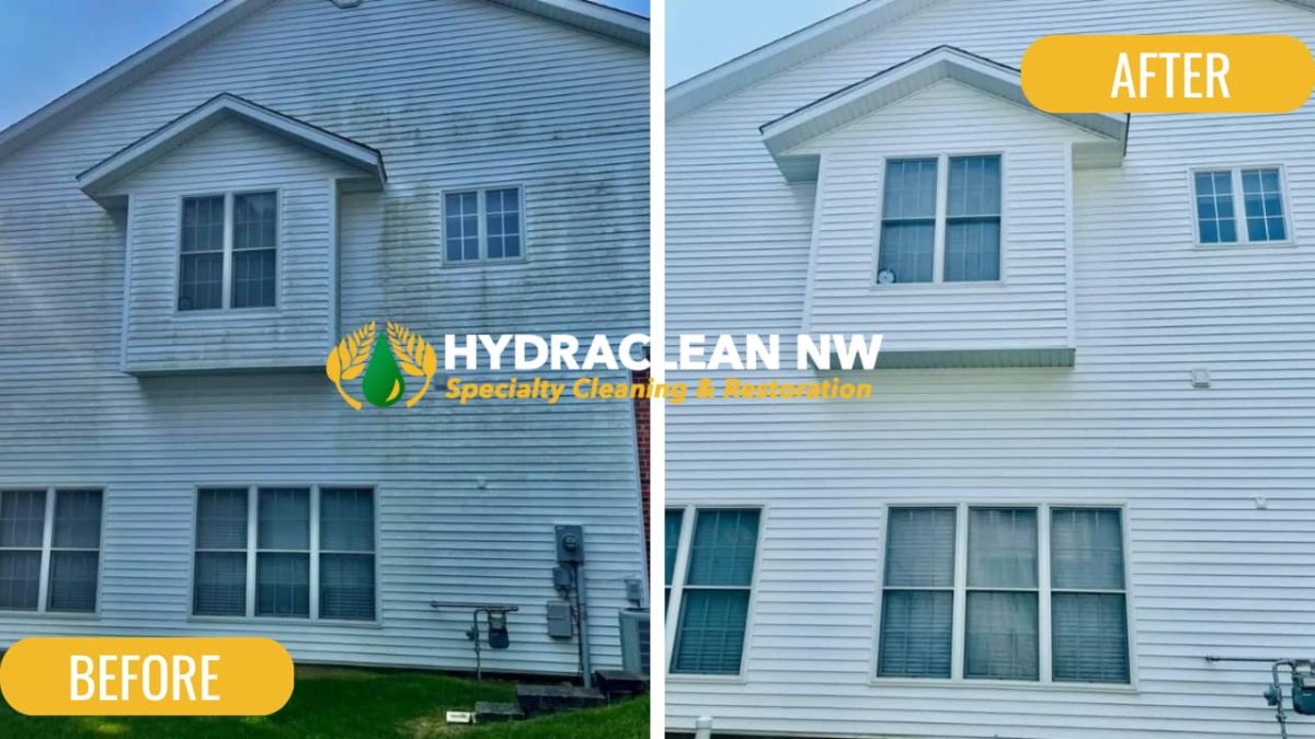 Soft washing siding of house before and after.
